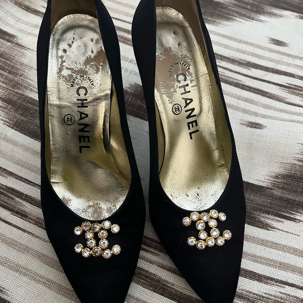 Vintage Chanel Black Satin Rhinestone Heels